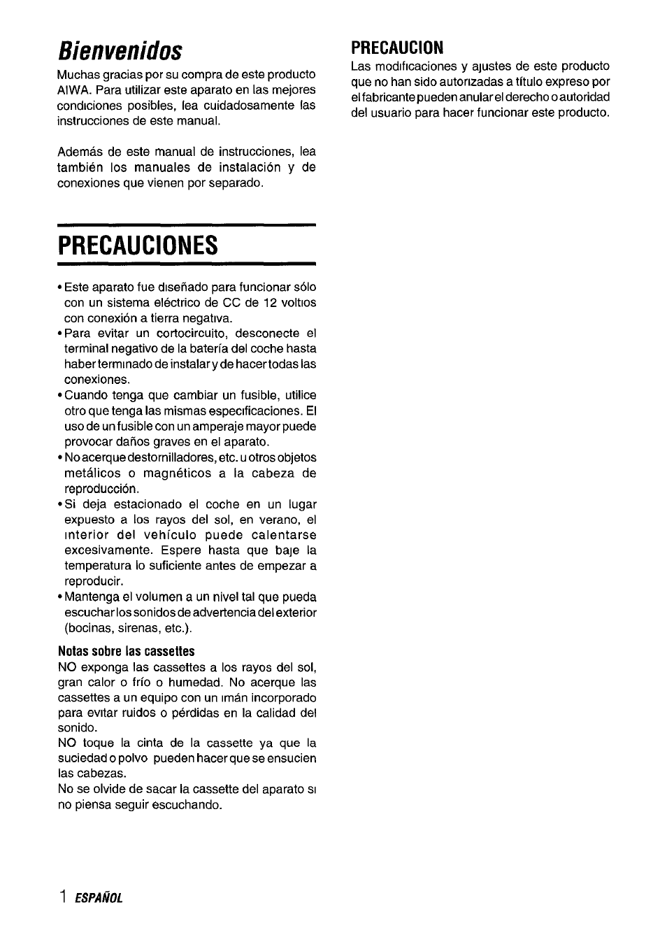 Bienvenidos, Precaucion, Precauciones | Notas sobre las cassettes | Aiwa CT-FX929M m User Manual | Page 20 / 56