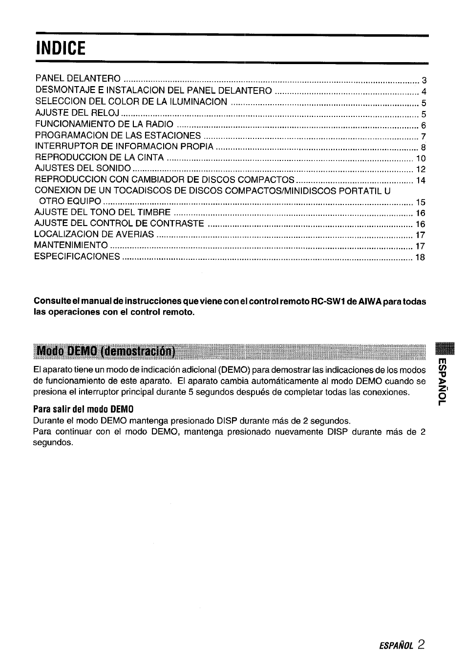 Indice, Modo demo (demostración), Para salir del modo demo | Aiwa CT-FX929M m User Manual | Page 21 / 56