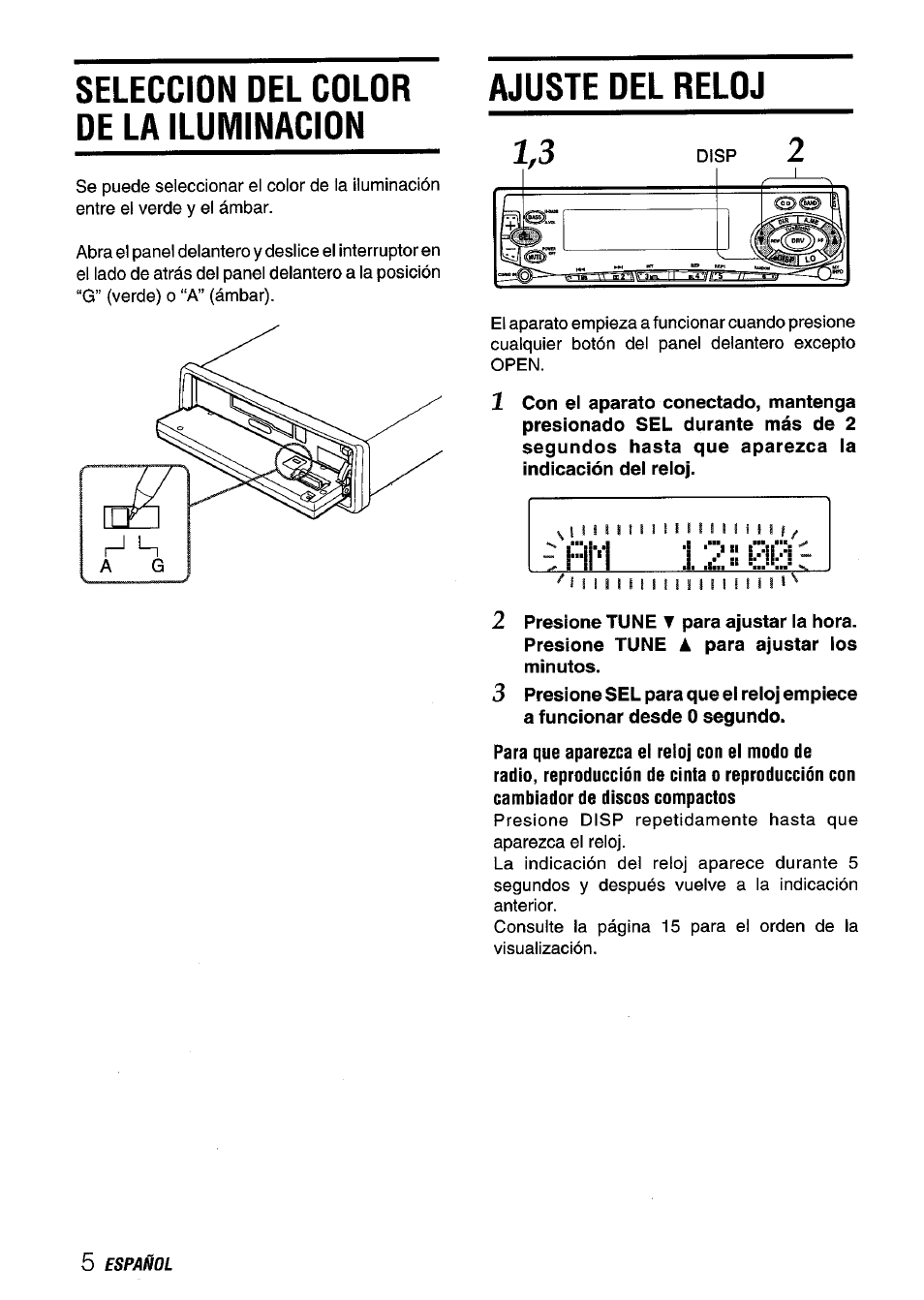 Seleccion del color de la iluminacion, Ajuste del reloj | Aiwa CT-FX929M m User Manual | Page 24 / 56