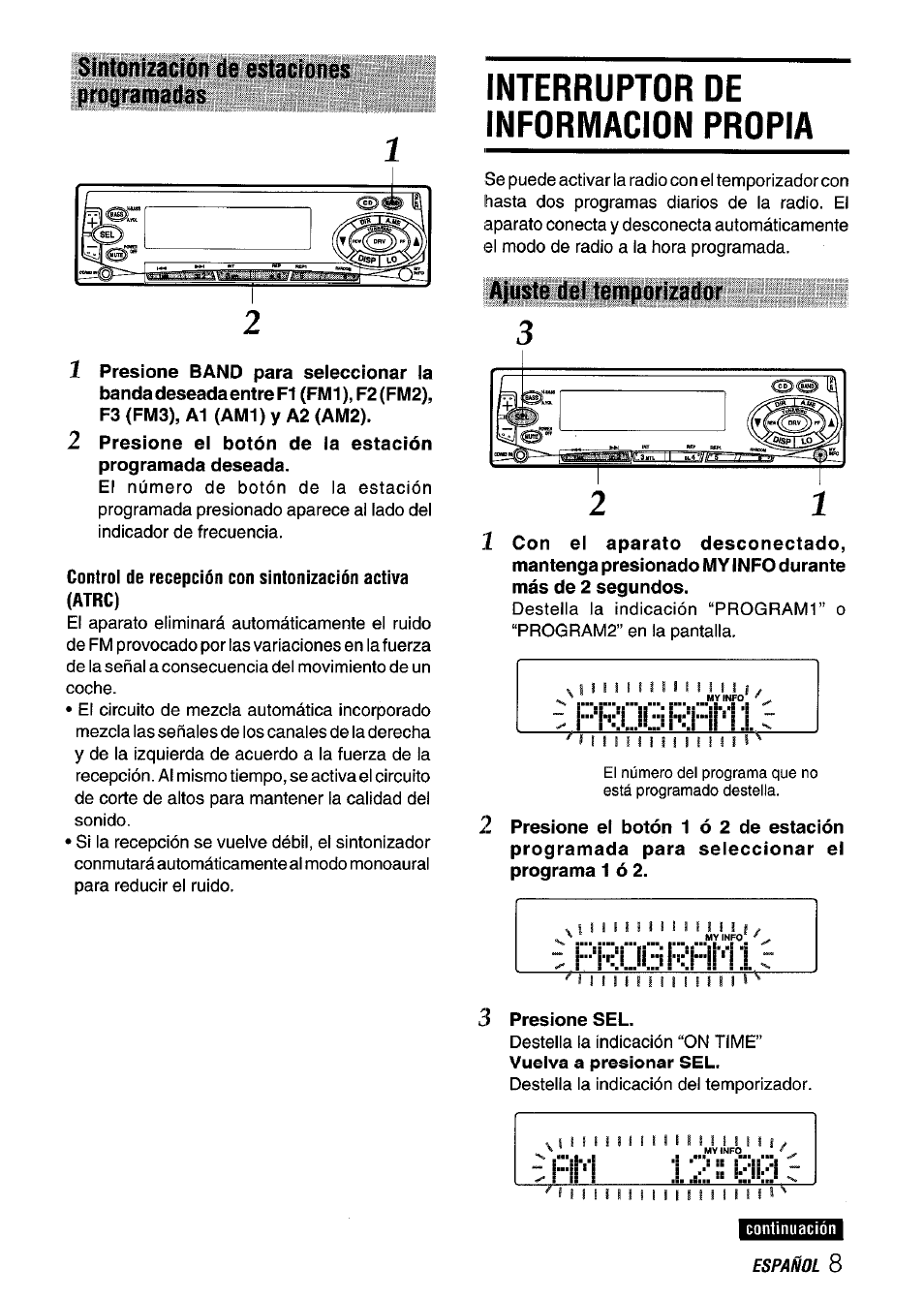 Sintonización de estaciones programadas, Interruptor de informacion propia, Ajuste del temporizador | Kulih!rìn!l, Sintonización de estaciones programadas 1 | Aiwa CT-FX929M m User Manual | Page 27 / 56