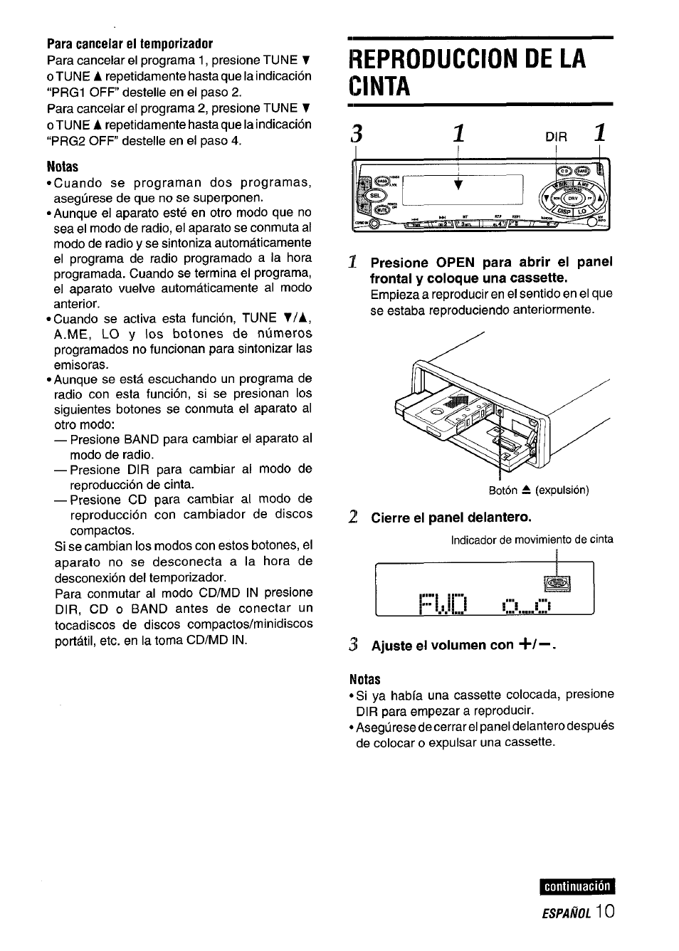 Para cancelar el temporizador, Reproduccion de la cinta, 2 cierre ei panei deiantero | Notas | Aiwa CT-FX929M m User Manual | Page 29 / 56