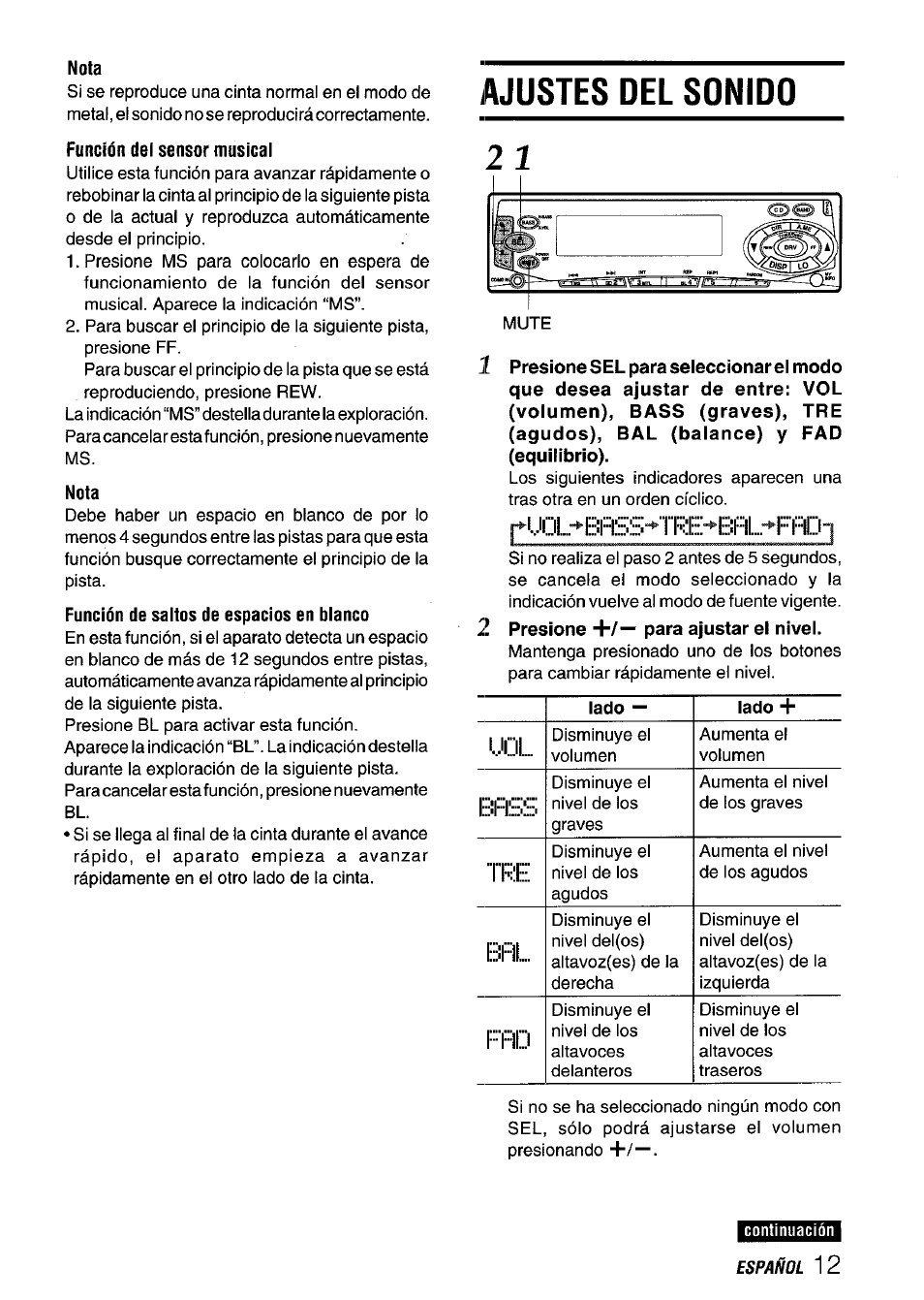 Ajustes del sonido, Brss, Ffid | Aiwa CT-FX929M m User Manual | Page 31 / 56