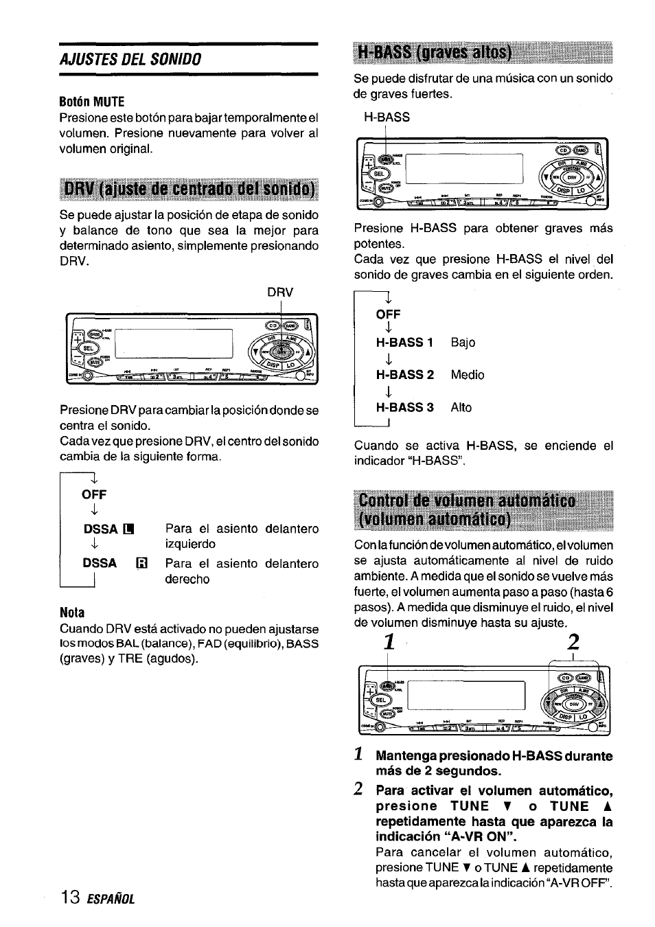 H-bass (graves altos), Drv (ajuste de centrado del sonido), Control de volumen automático (volumen automático) | Ajustes del sonido | Aiwa CT-FX929M m User Manual | Page 32 / 56