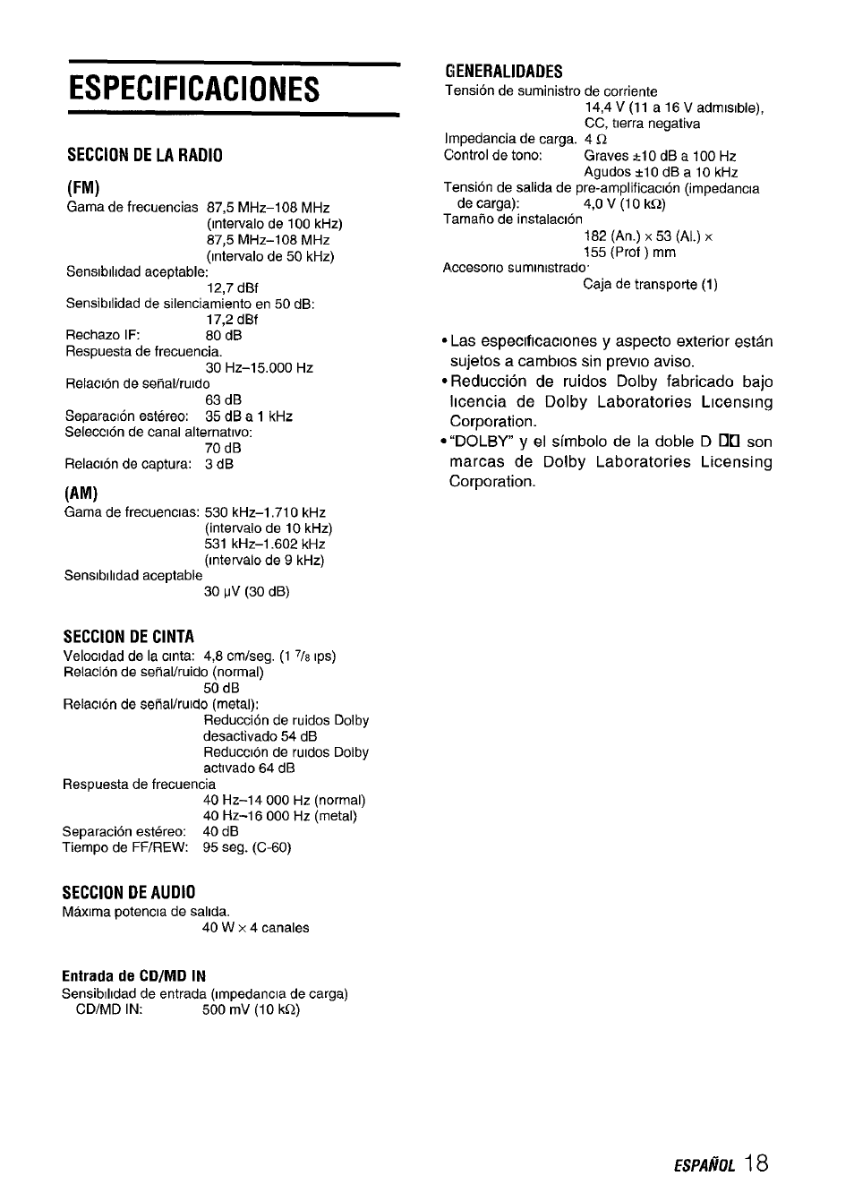Especificaciones, Seccion de la radio (fm), Generalidades | Seccion de cinta, Seccion de audio, Specifications | Aiwa CT-FX929M m User Manual | Page 37 / 56