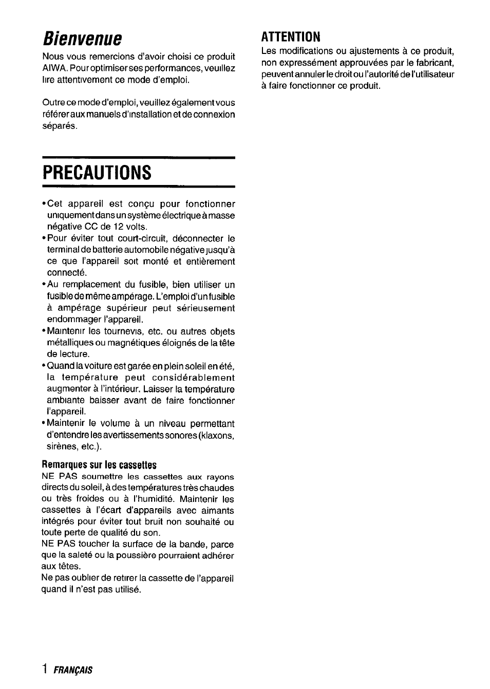 Precautions, Bienvenue, Attention | Aiwa CT-FX929M m User Manual | Page 38 / 56