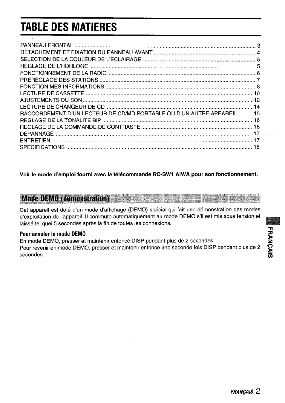 Table des matieres, Mode demo (démonstration) | Aiwa CT-FX929M m User Manual | Page 39 / 56