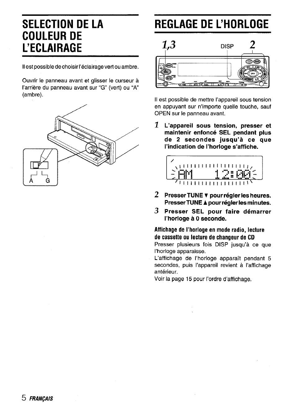 Selection de la couleur de ueclairage, Reglage de l’horloge, Selection de la couleur de l’eclairage | Aiwa CT-FX929M m User Manual | Page 42 / 56