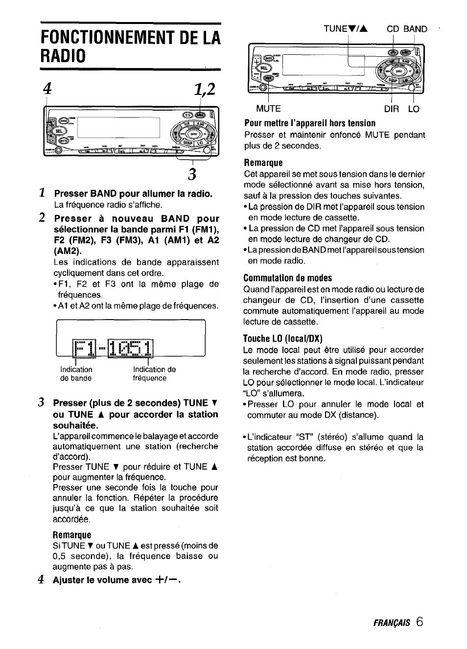 Fonctionnement de la radio, Indication de fréquence | Aiwa CT-FX929M m User Manual | Page 43 / 56