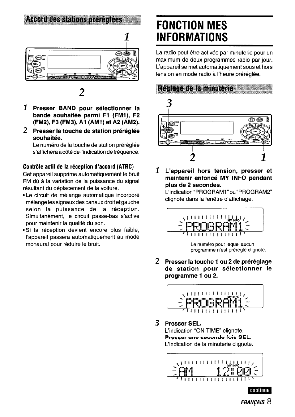 Fonction mes informations, Progrrm:l, Rm 12¡00 | Accord des stations préréglées, Réglage de la minuterie | Aiwa CT-FX929M m User Manual | Page 45 / 56