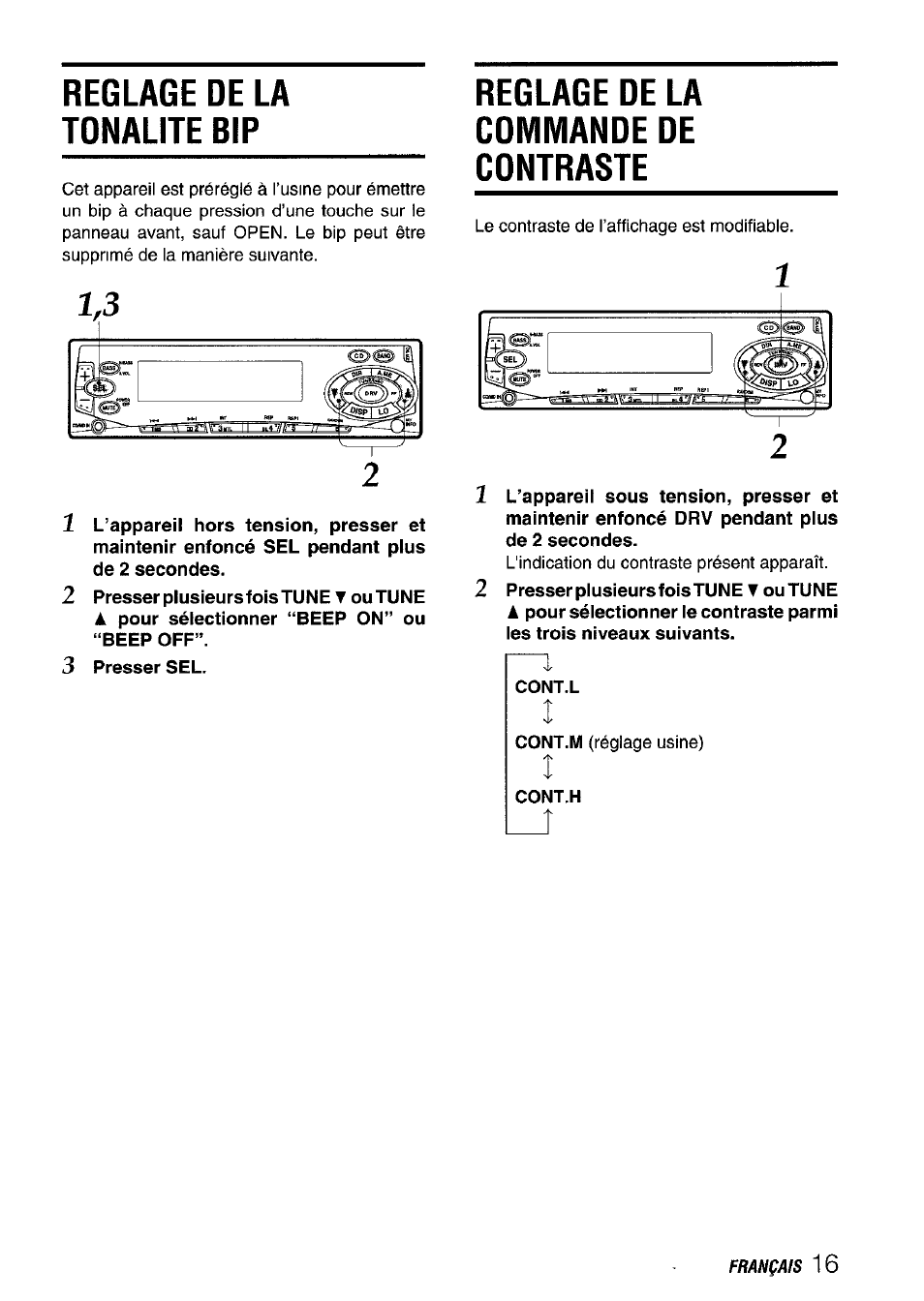 Reglage de la commande de contraste, Reglage de la tonalite bip | Aiwa CT-FX929M m User Manual | Page 53 / 56