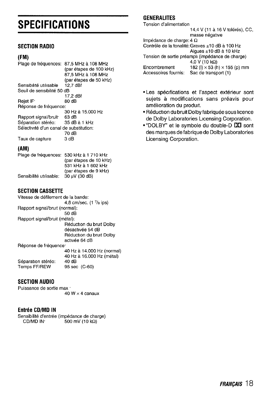 Specifications, Section radio (fm), Generalites | Section cassehe, Section audio, Entrée cd/md in, Especificaciones | Aiwa CT-FX929M m User Manual | Page 55 / 56