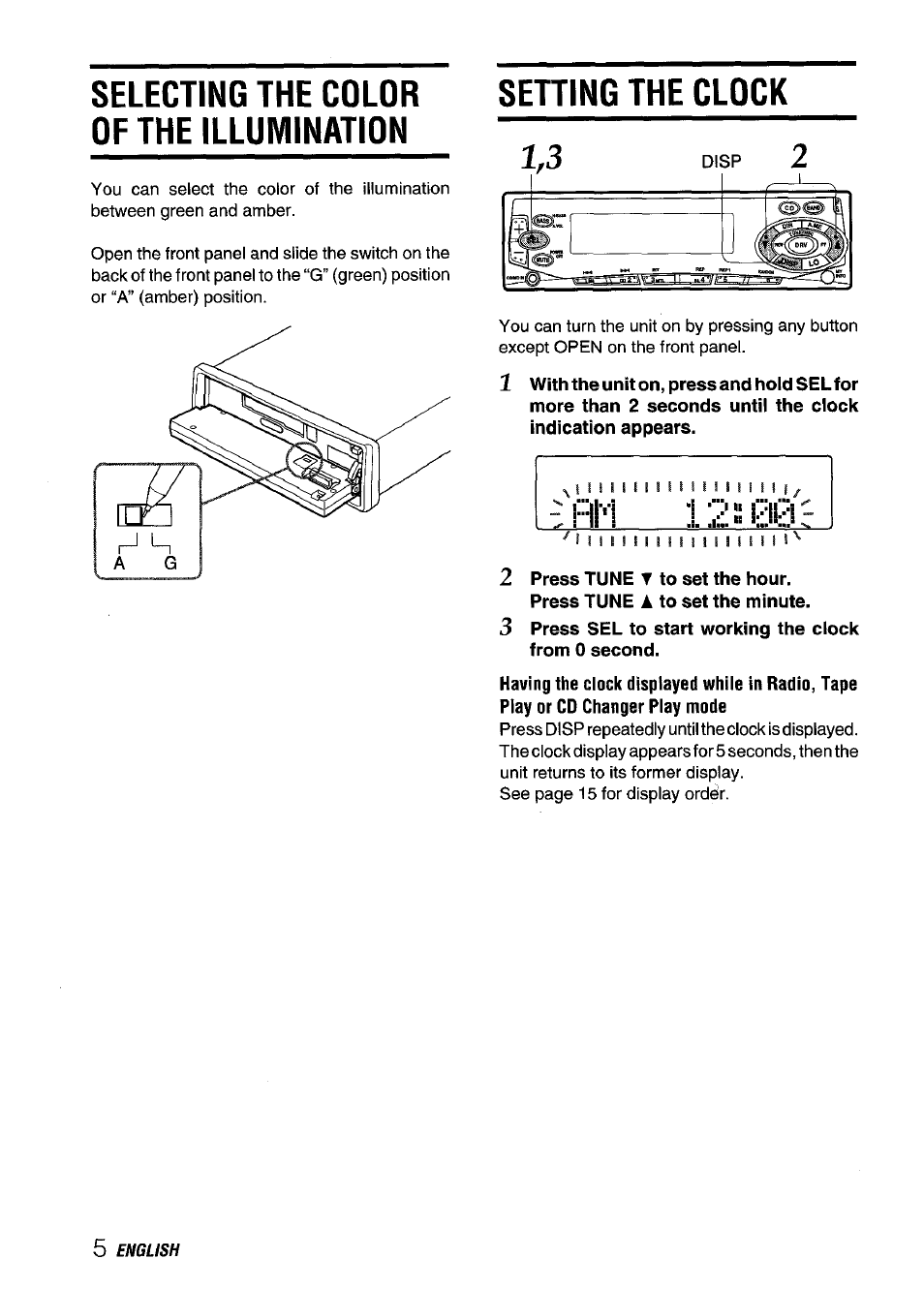 Selecting the color of the illumination, Setting the clock, F!t1 2 ¡: 0 0 | Aiwa CT-FX929M m User Manual | Page 6 / 56