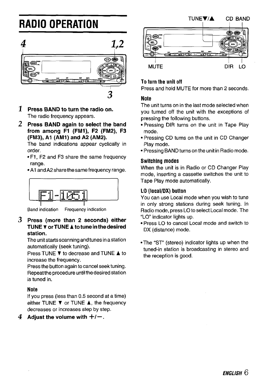 Radio operation, Note, To turn the unit off | Switching modes, Lo (local/dx) button | Aiwa CT-FX929M m User Manual | Page 7 / 56