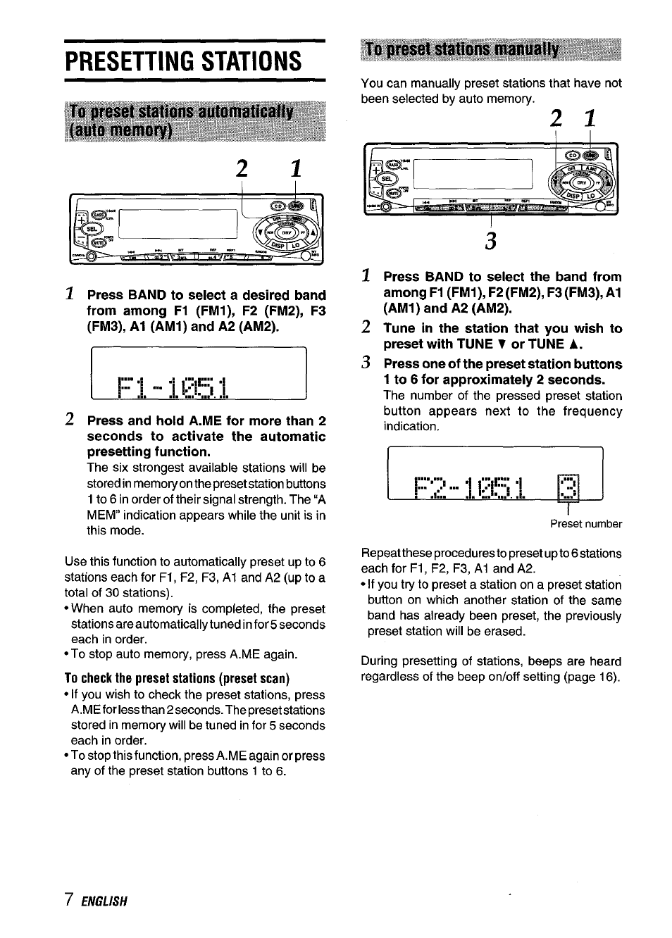 Presetting stations, To preset stations automatically (auto memory), To preset stations manually | Aiwa CT-FX929M m User Manual | Page 8 / 56