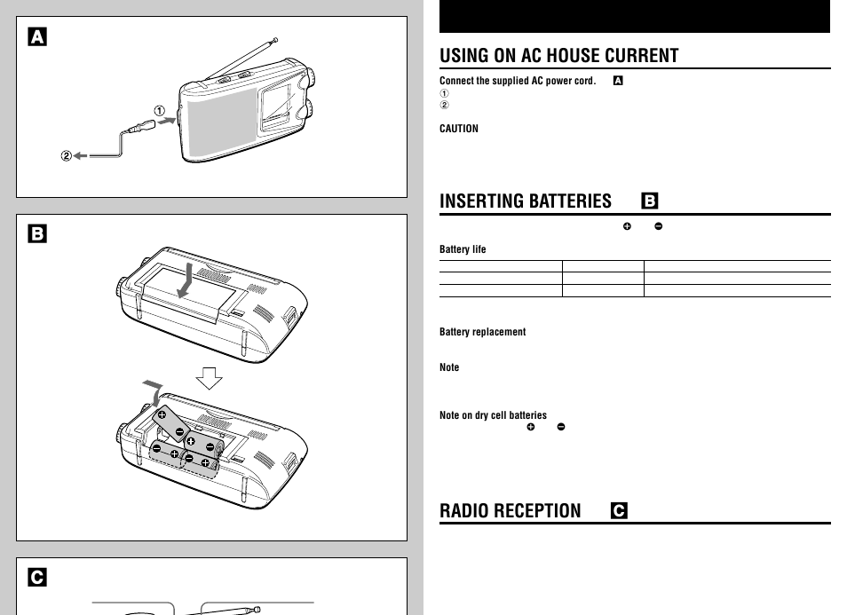 Ab c, Using on ac house current, Inserting batteries → b | Radio reception → c | Aiwa FR-C300 User Manual | Page 3 / 4