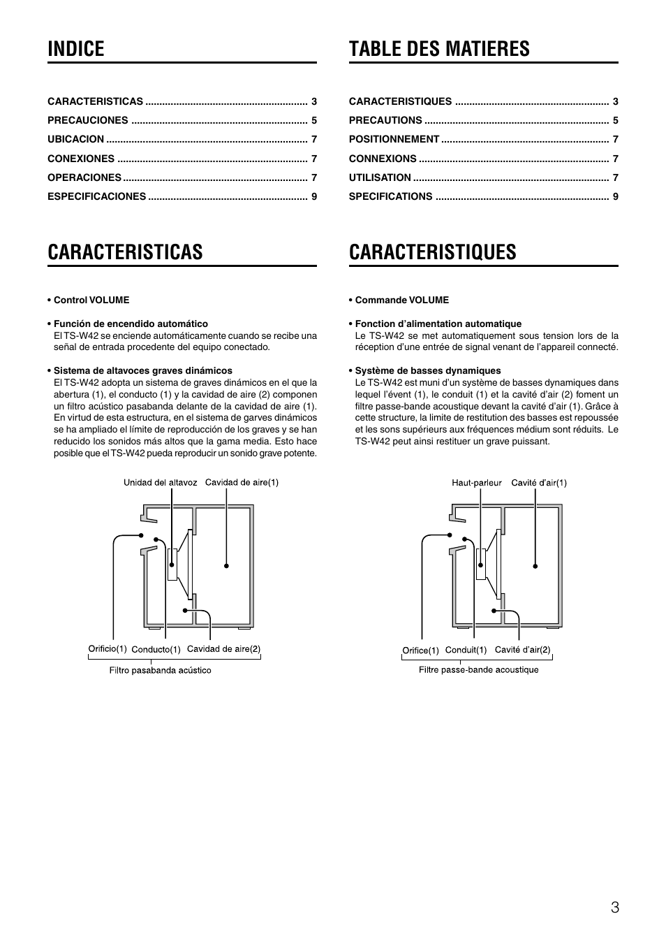 Table des matieres, Caracteristiques, Indice | Caracteristicas | Aiwa TS-W42 U User Manual | Page 3 / 10