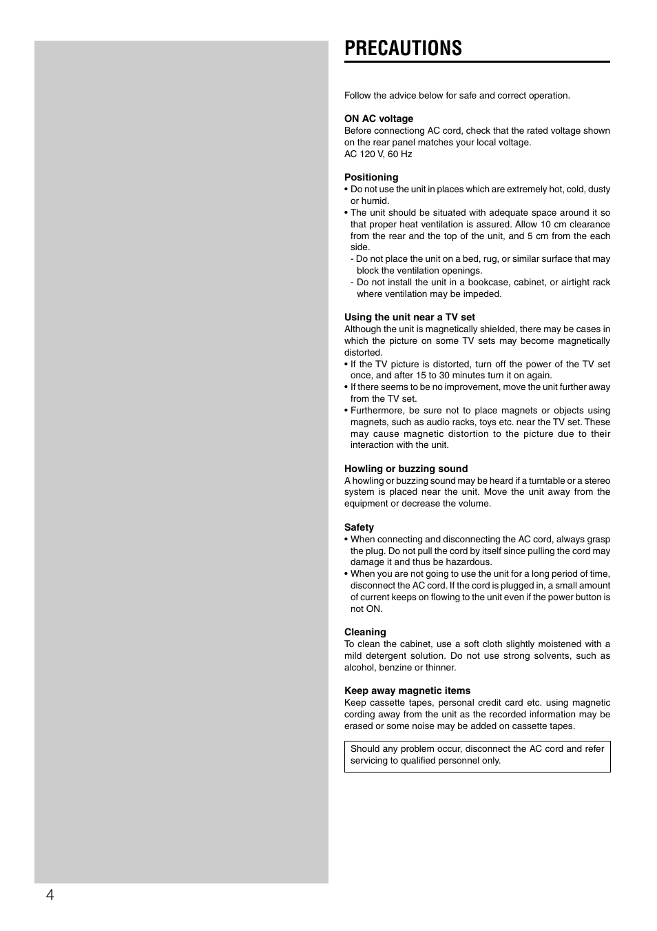 Precautions | Aiwa TS-W42 U User Manual | Page 4 / 10