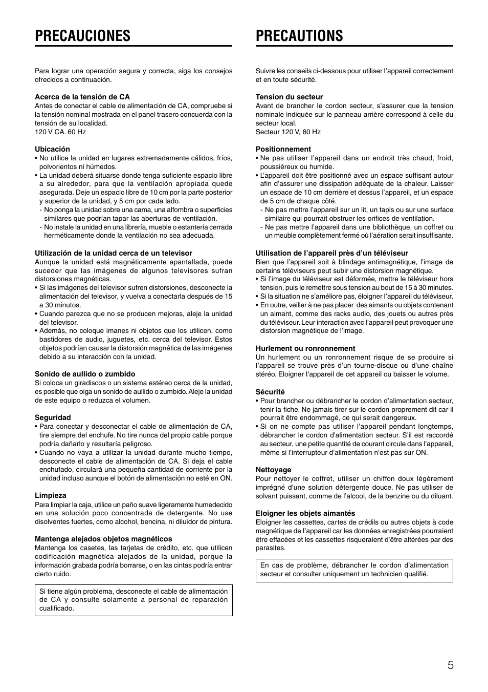 Precauciones, Precautions | Aiwa TS-W42 U User Manual | Page 5 / 10