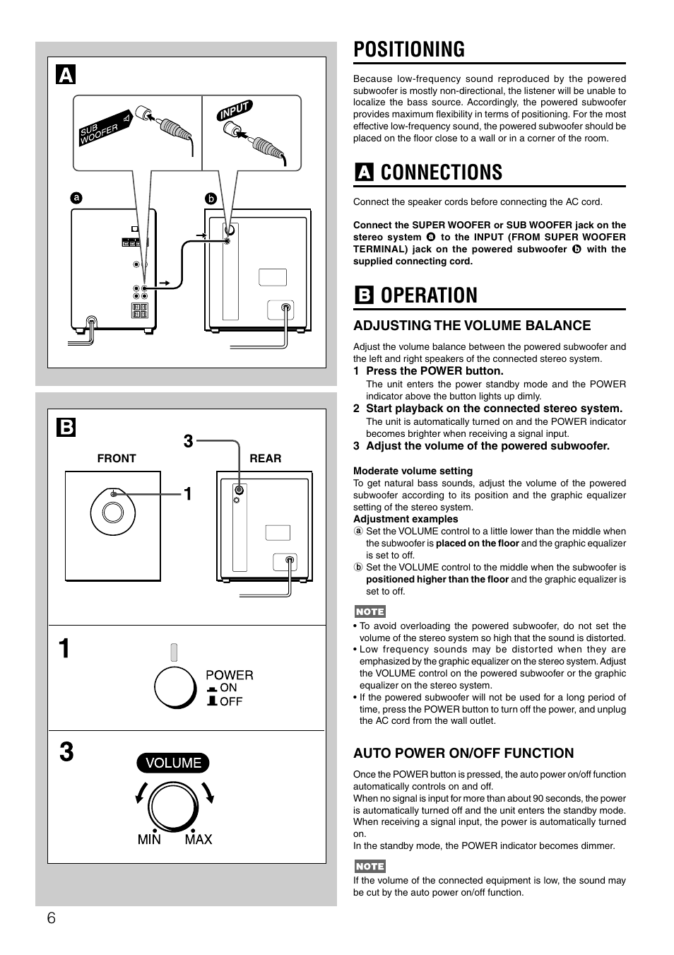 Positioning, A connections, B operation | Adjusting the volume balance, Auto power on/off function | Aiwa TS-W42 U User Manual | Page 6 / 10