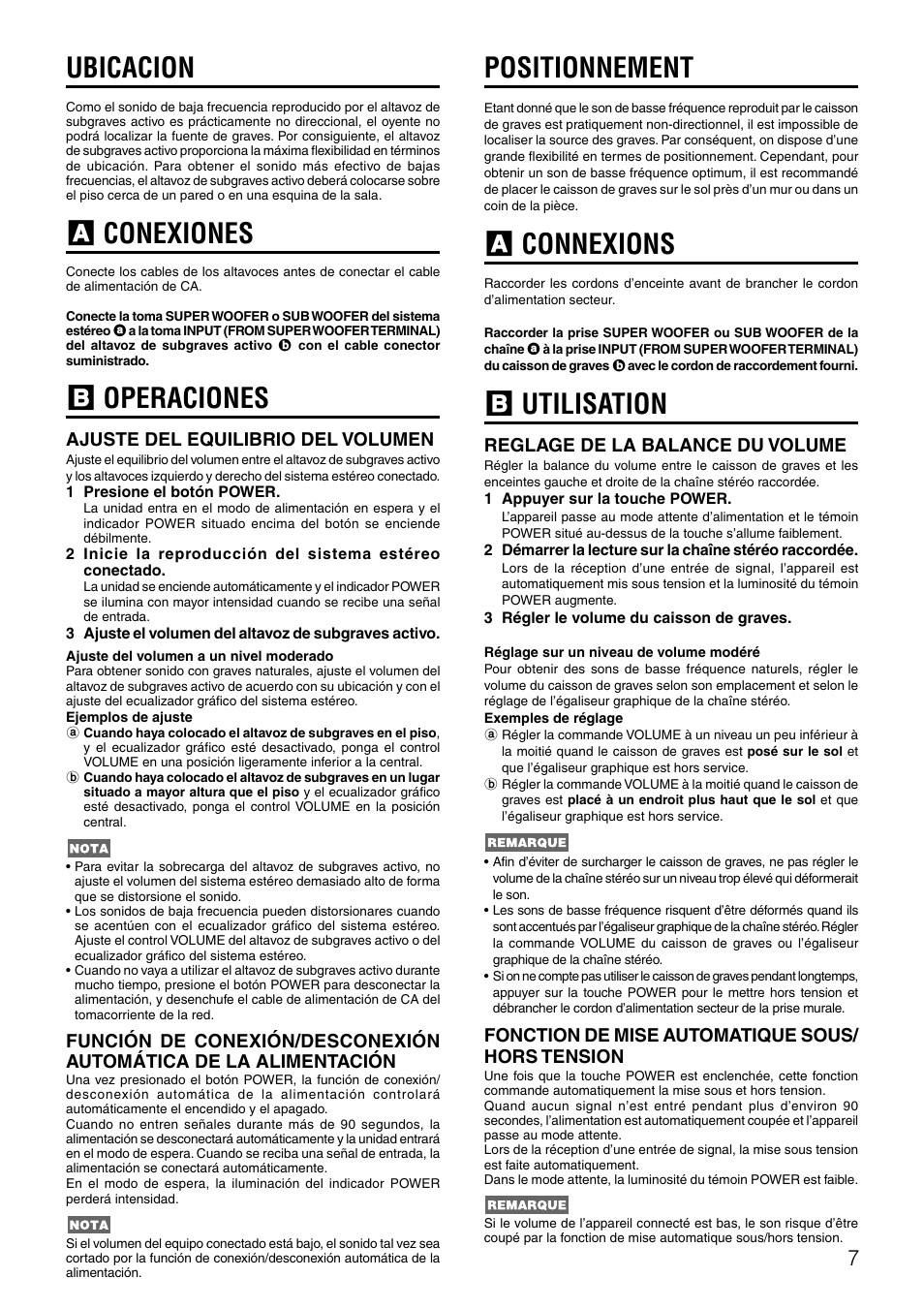 Ubicacion, A conexiones, B operaciones | Positionnement, A connexions, B utilisation, Ajuste del equilibrio del volumen, Reglage de la balance du volume, Fonction de mise automatique sous/ hors tension | Aiwa TS-W42 U User Manual | Page 7 / 10