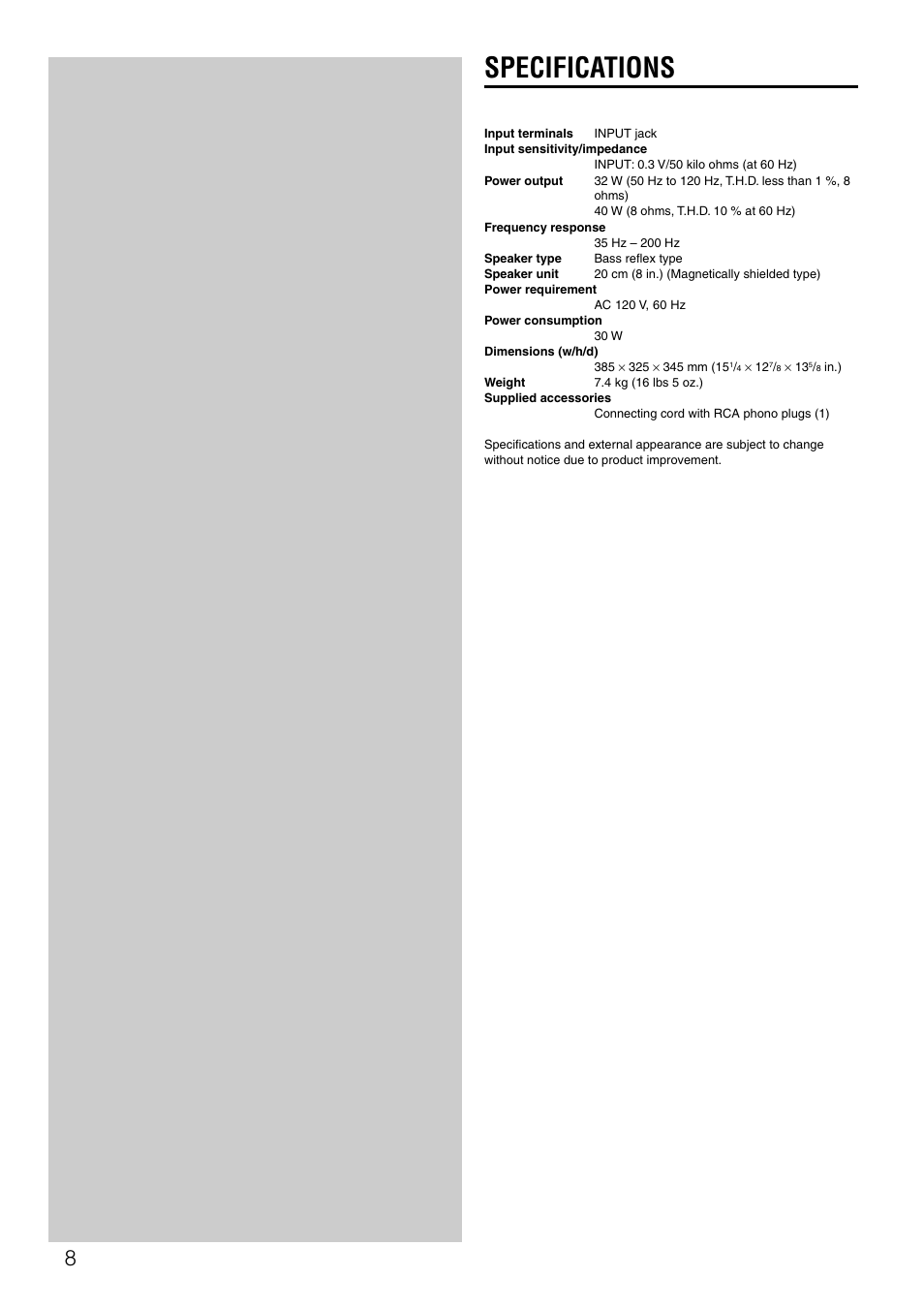 Specifications | Aiwa TS-W42 U User Manual | Page 8 / 10