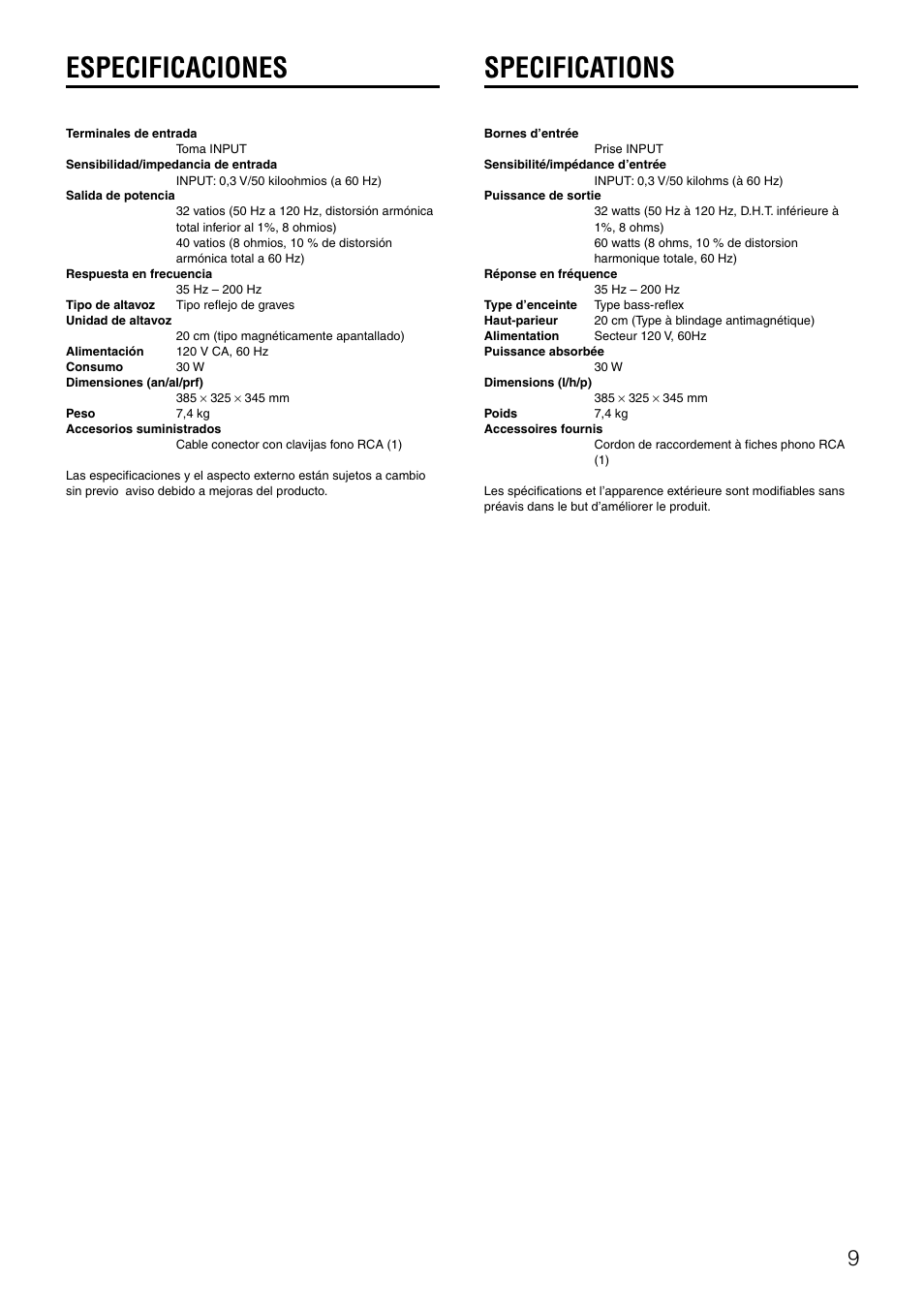 Especificaciones, Specifications | Aiwa TS-W42 U User Manual | Page 9 / 10