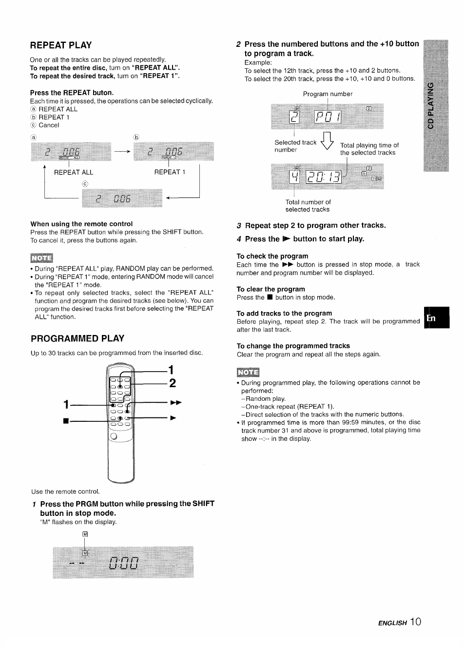 Repeat play, Press the repeat buton, When using the remote control | Programmed play, 3 repeat step 2 to program other tracks, 4 press the ► button to start play, To check the program, To clear the program, To add tracks to the program, To change the programmed tracks | Aiwa LCX-350 User Manual | Page 11 / 64