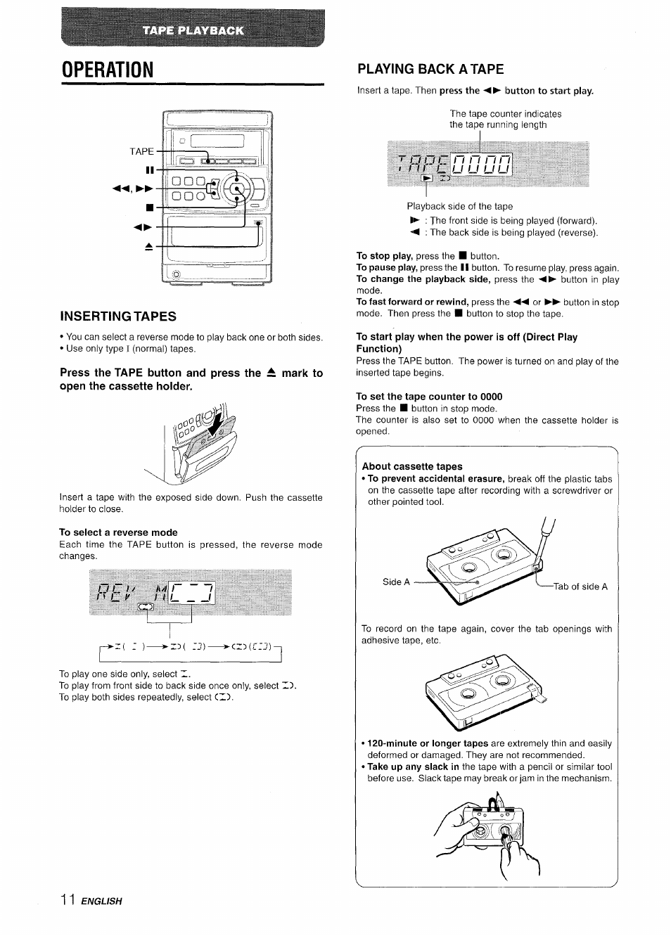Operation, Inserting tapes, To select a reverse mode | Playing back a tape, To set the tape counter to 0000 | Aiwa LCX-350 User Manual | Page 12 / 64