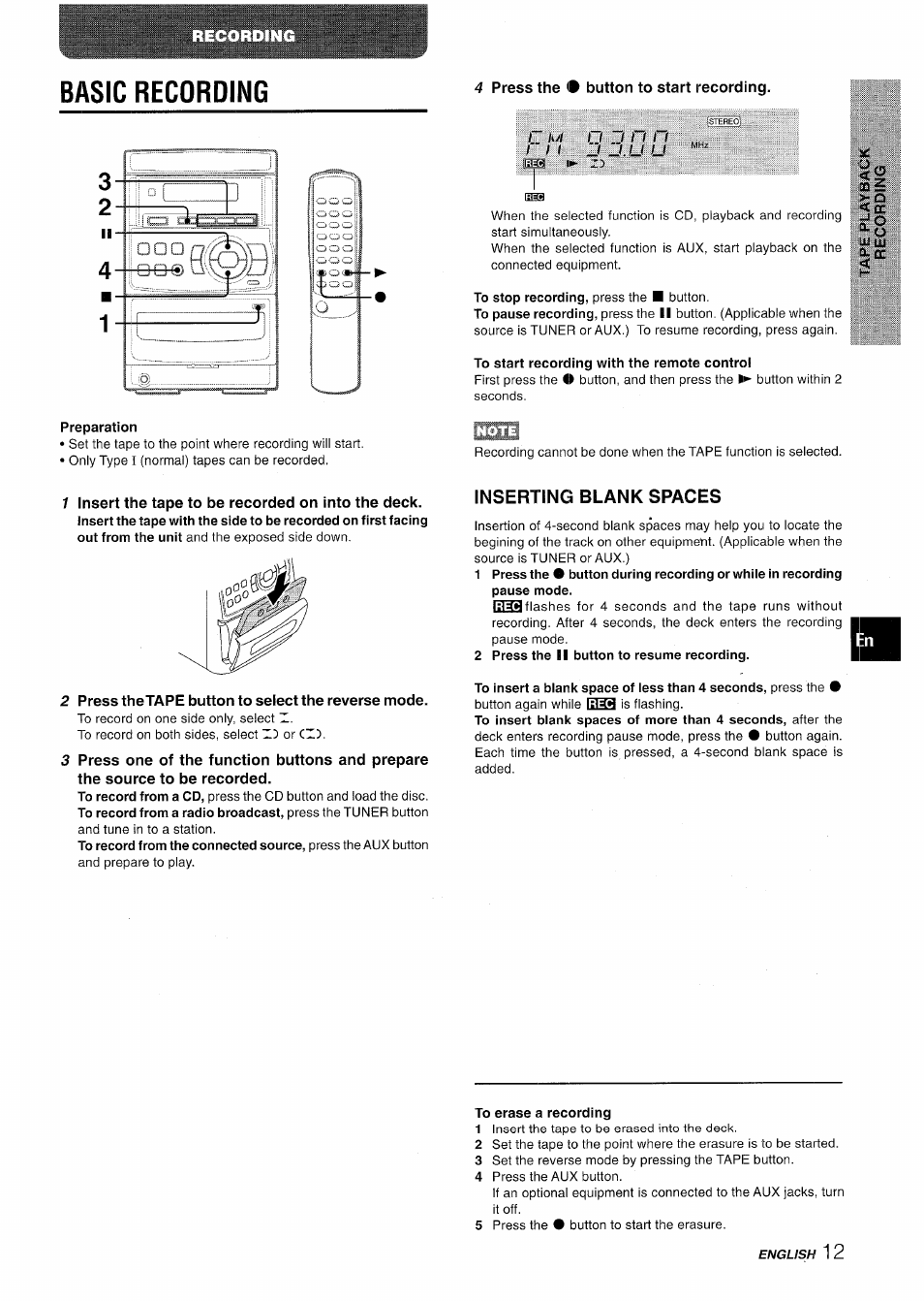 Basic recording, 4 press the • button to start recording, To start recording with the remote control | Preparation, 2 press thetape button to select the reverse mode, Inserting blank spaces, 2 press the ii button to resume recording, To erase a recording, J . u u | Aiwa LCX-350 User Manual | Page 13 / 64