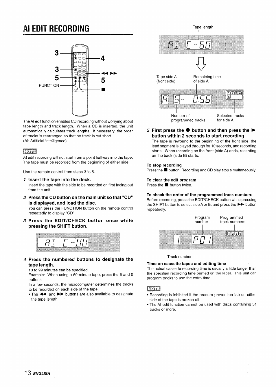 Al edit recording, 1 insert the tape into the deck, To stop recording | To clear the edit program, To check the order of the programmed track numbers | Aiwa LCX-350 User Manual | Page 14 / 64