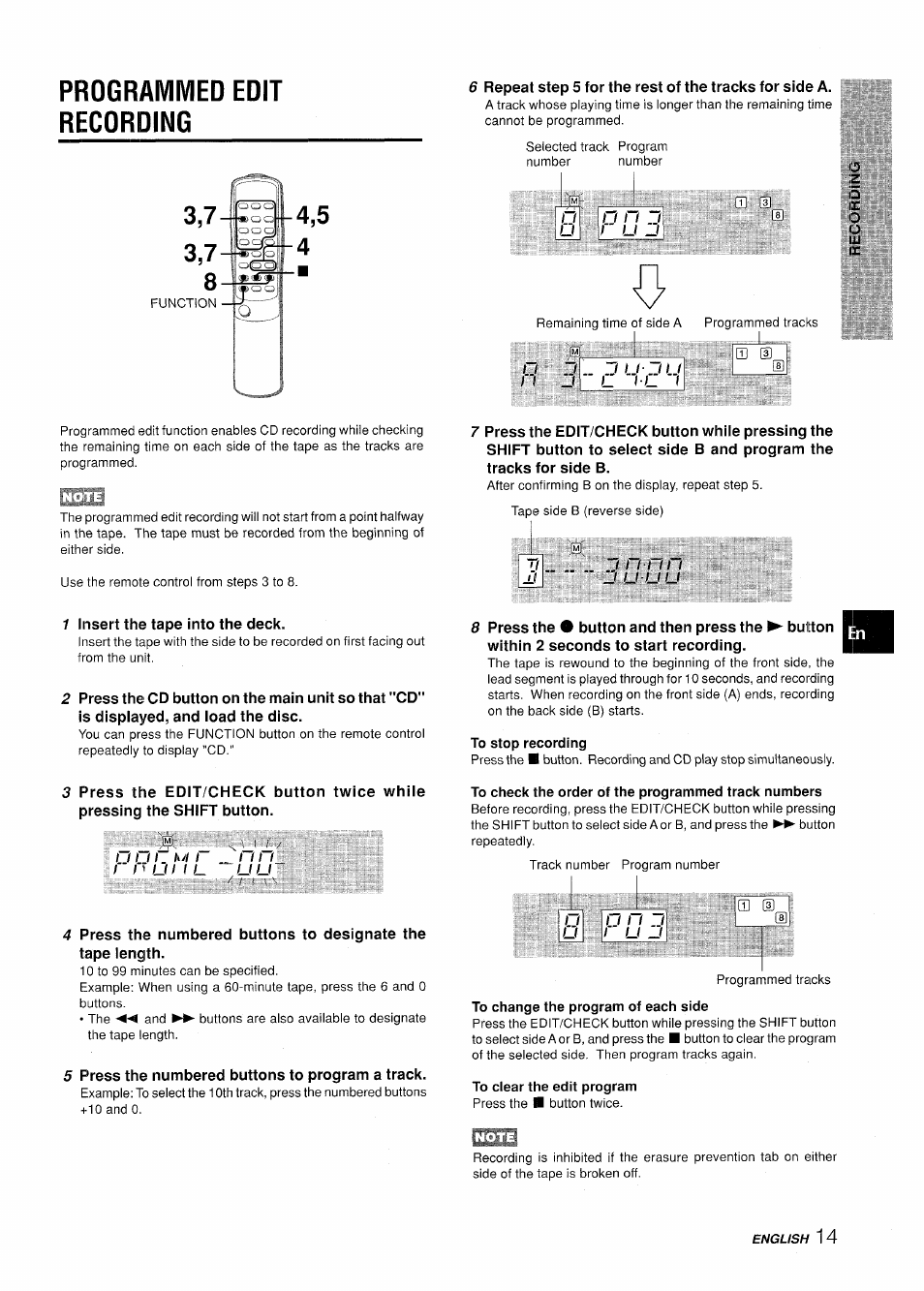 Programmed edit recording, To stop recording, To check the order of the programmed track numbers | To ciear the edit program, Programmed edit recording 4,5 4, U u u | Aiwa LCX-350 User Manual | Page 15 / 64