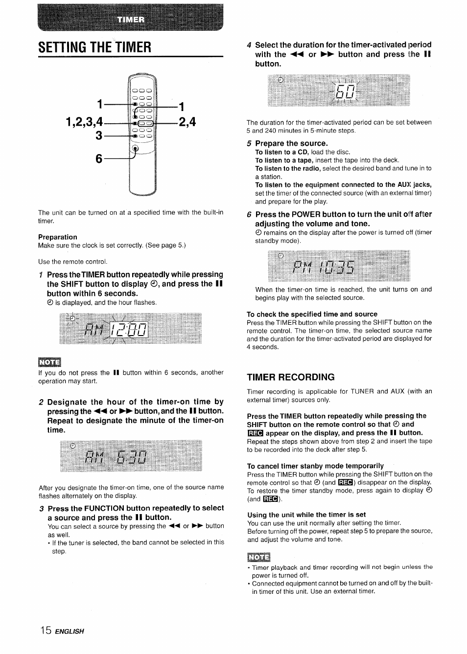 Setting the timer, Preparation, To check the specified time and source | Timer recording, To cancel timer stanby mode temporarily, Using the unit while the timer is set | Aiwa LCX-350 User Manual | Page 16 / 64