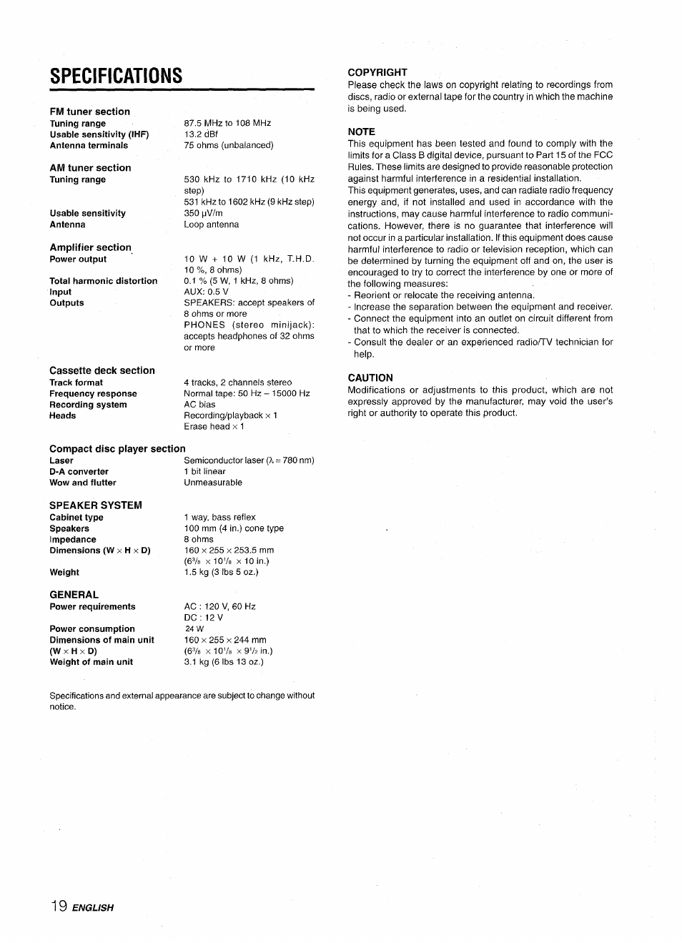 Specifications, Copyright, Note | Caution, Compact disc player section, General | Aiwa LCX-350 User Manual | Page 20 / 64