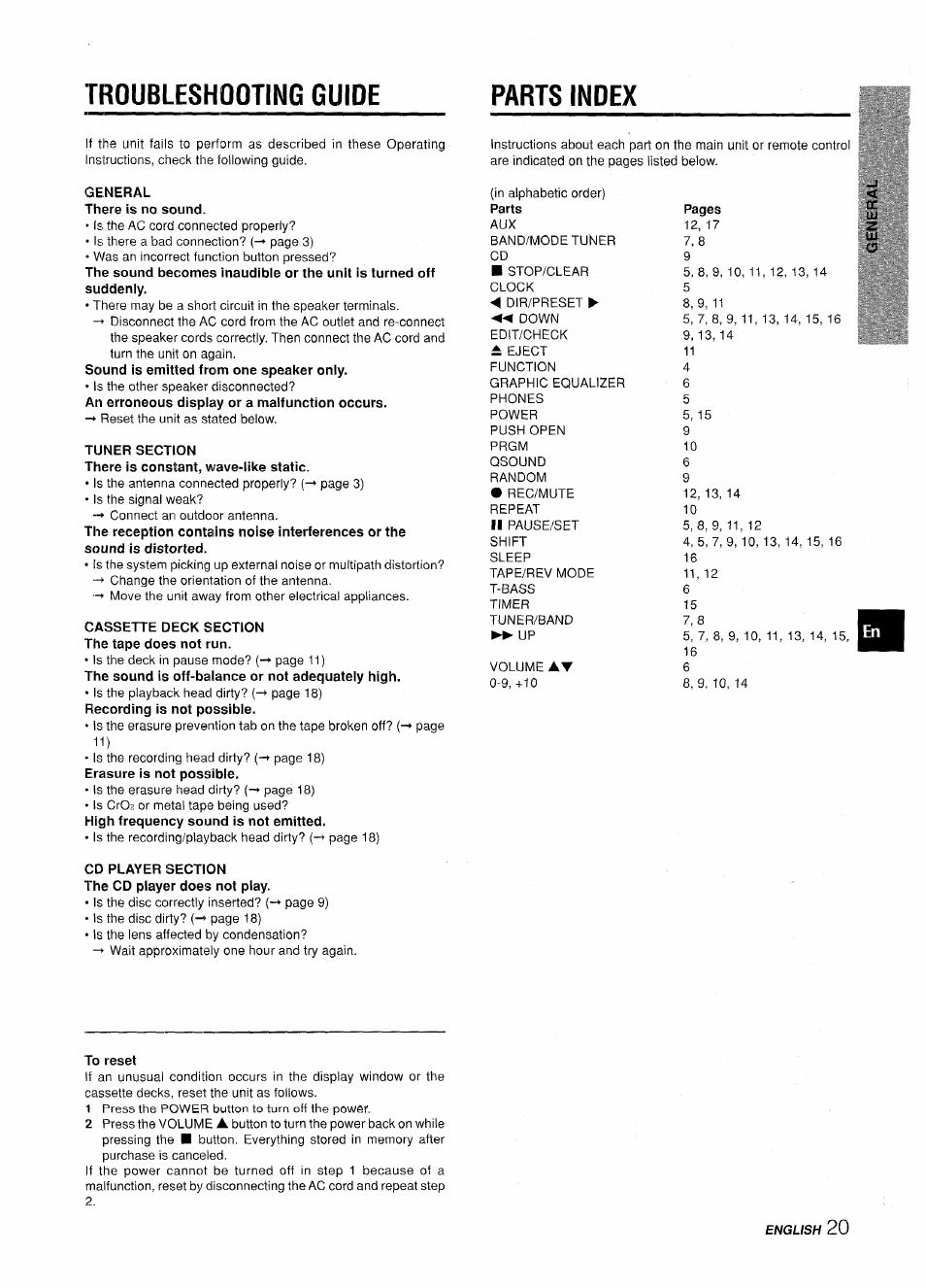 General there is no sound, Tuner section, Cassette deck section the tape does not run | Cd player section the cd player does not play, To reset, Troubleshooting guide parts index | Aiwa LCX-350 User Manual | Page 21 / 64