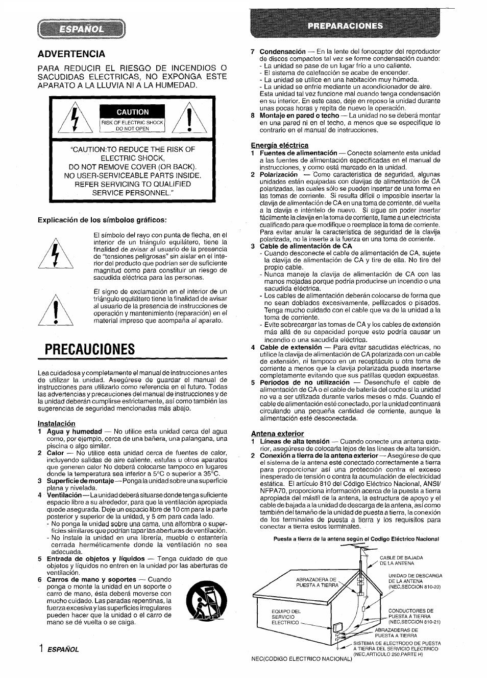 Advertencia, Explicación de los símbolos gráficos, Precauciones | Instalación, Energía eléctrica, 3 cable de alimentación de ca, Antena exterior, Precautions s, Español | Aiwa LCX-350 User Manual | Page 22 / 64
