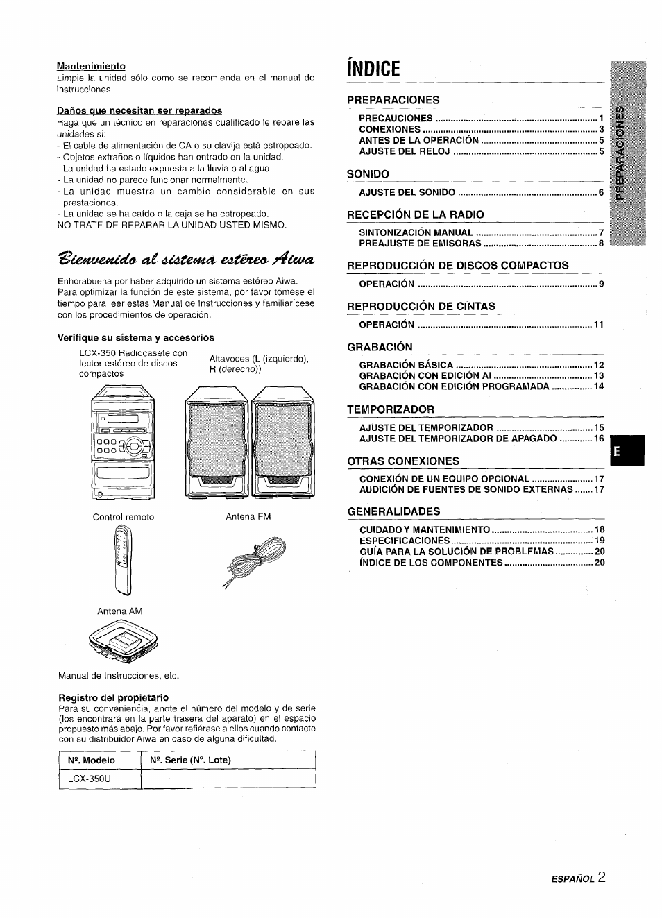Mantenimiento, Daiños que necesitan ser reparados, Verifique su sistema y accesorios | Indice, F^egistro del propietario, Sceiweítcdú- úcátemci eátéttect, /4ùe4мг | Aiwa LCX-350 User Manual | Page 23 / 64