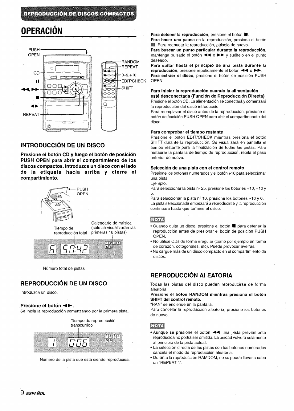 Operacion, Introduccion de un disco, Para comprobar el tiempo restante | Selección de una pista con el control remoto, Reproducción de un disco, Reproduccion aleatoria, Operation, Reproduccion de discos compactos | Aiwa LCX-350 User Manual | Page 30 / 64