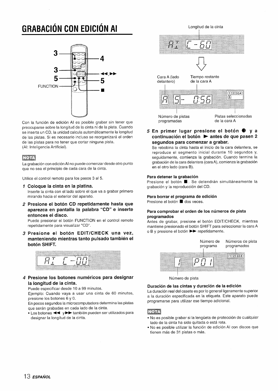 Grabacion con edicion al, Para detener la grabación, Para borrar el programa de edición | Grabación con edición al | Aiwa LCX-350 User Manual | Page 34 / 64