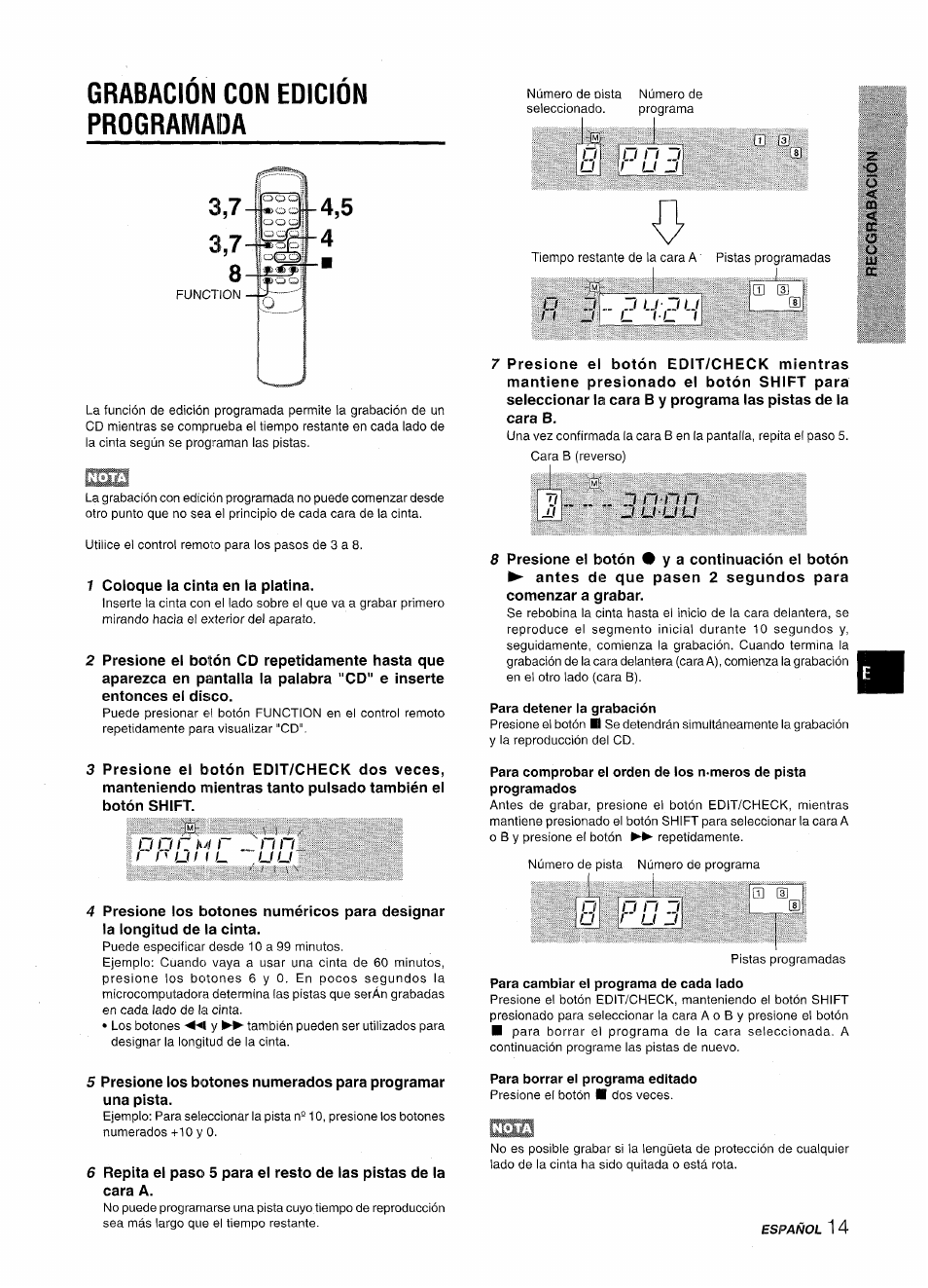 Grabacion con edición programada, Para detener la grabación, Para borrar el programa editado | Grabación con edición programada, Grabacion con edición programada 4,5 4, O ~ ~i i i ~i i i, U u u | Aiwa LCX-350 User Manual | Page 35 / 64