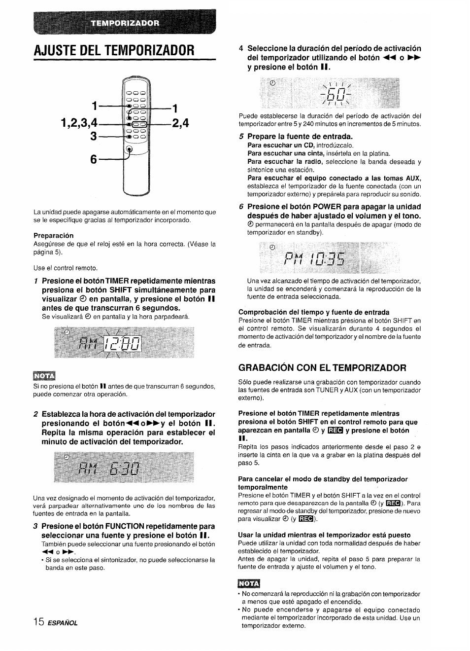 Preparación, Comprobación del tiempo y fuente de entrada, Grabación con el temporizador | Ajuste del temporizador, C o n, Gis) | Aiwa LCX-350 User Manual | Page 36 / 64