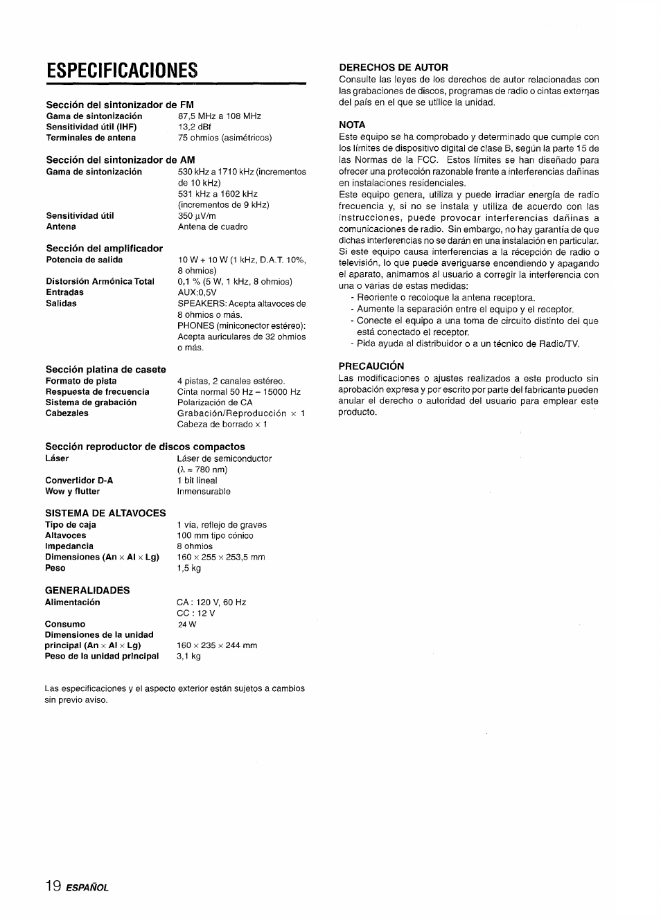 Especificaciones, Sección del sintonizador de fm, Sección del sintonizador de am | Derechos de autor, Nota, Precaución, Sección reproductor de discos compactos, Sistema de altavoces, Generalidades, Specifications | Aiwa LCX-350 User Manual | Page 40 / 64