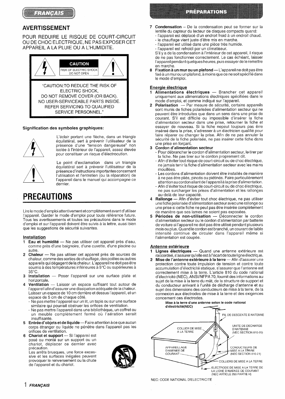 Avertissement, Caution, Signification des symboies graphiques | Precautions, Instailation, Energie électrique, 3 cordon d’alimentation secteur, Antenne extérieure | Aiwa LCX-350 User Manual | Page 42 / 64