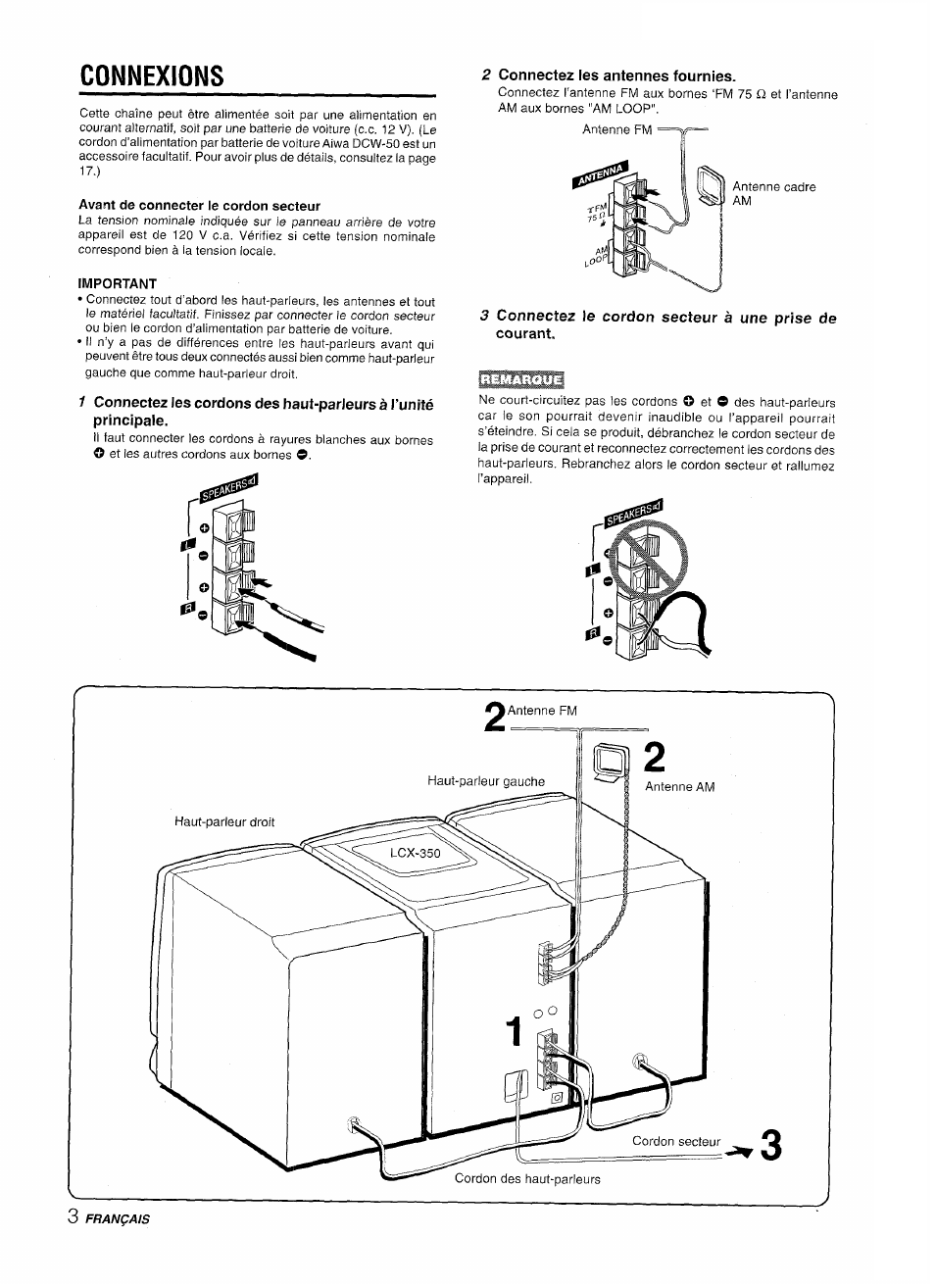 Connexions, Avant de connecter le cordon secteur, Important | 2 connectez les antennes fournies | Aiwa LCX-350 User Manual | Page 44 / 64