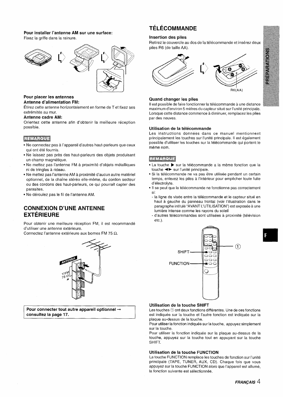 Pour installer l’antenne am sur une surface, Pour placer les antennes antenne d’alimentation fm, Antenne cadre am | Connexion d’une antenne extérieure, Telecommande, Insertion des piles, Quand changer les piles, Utilisation de la télécommande, Utilisation de la touche shift, Utilisation de la touche function | Aiwa LCX-350 User Manual | Page 45 / 64