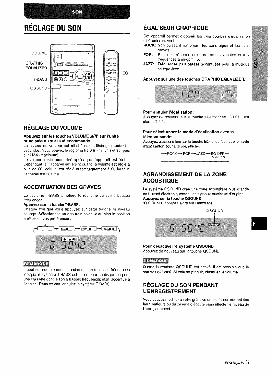 Reglage du volume, Accentuation des graves, Appuyez sur la touche t-bass | Appuyez sur une des touches graphic equalizer, Pour annuler l’égalisation, Agrandissement de la zone acoustique, Pour désactiver le système qsound, Réglage du son pendant l’enregistrement, Reglage du son, S c w i | Aiwa LCX-350 User Manual | Page 47 / 64