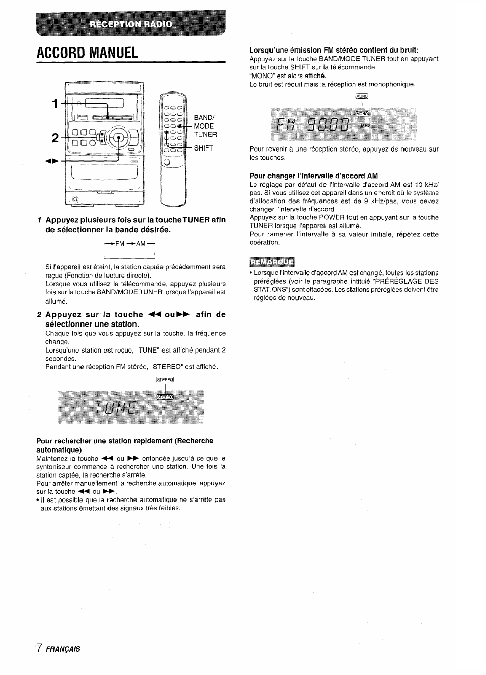 Accord manuel, Afin de, 2 appuyez sur la touche sélectionner une station | Lorsqu’une émission fm stéréo contient du bruit, U u u, Pour changer l’intervalle d’accord am | Aiwa LCX-350 User Manual | Page 48 / 64