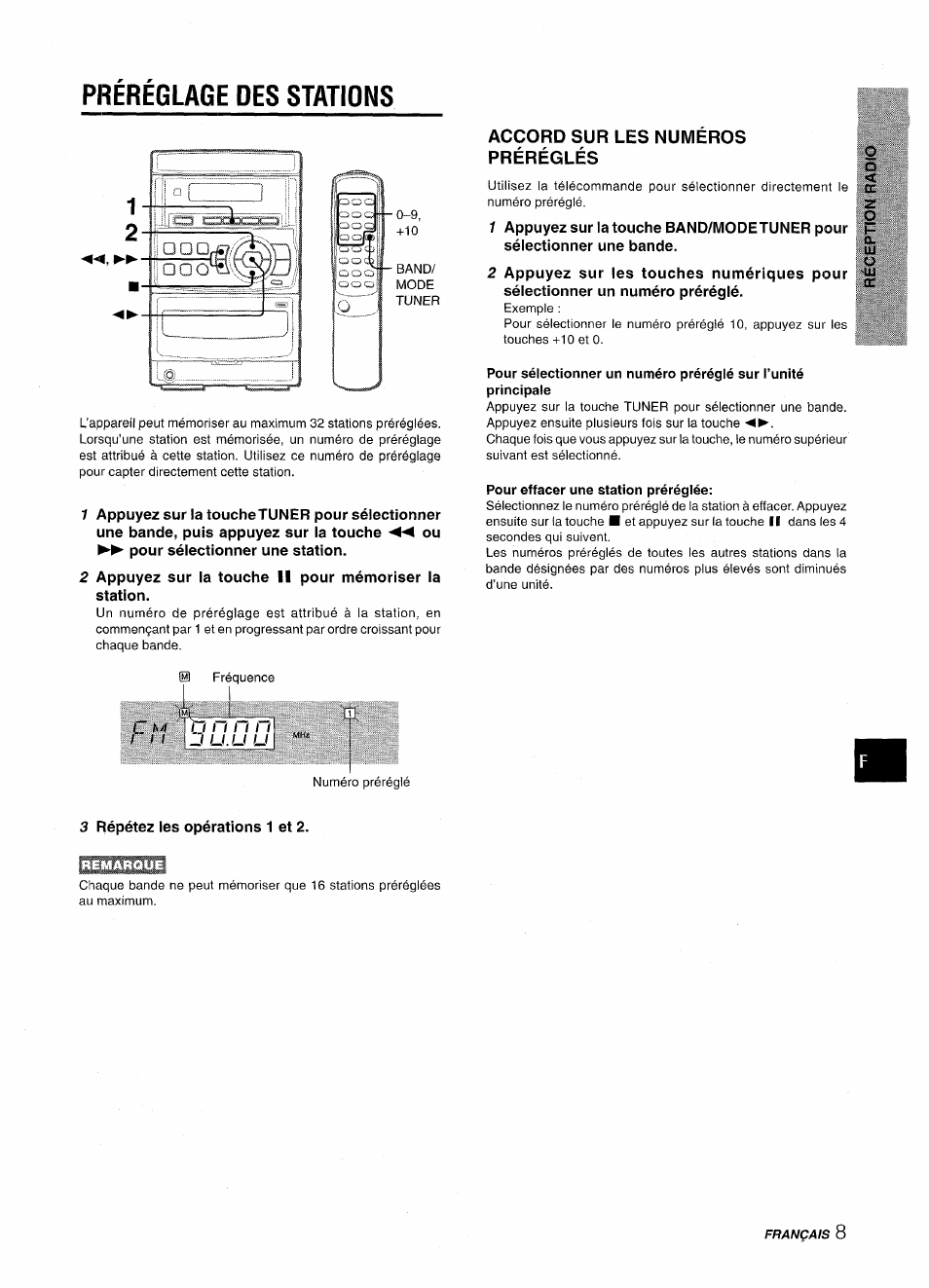 Prereglage des stations, Accord sur les numéros préréglés | Aiwa LCX-350 User Manual | Page 49 / 64
