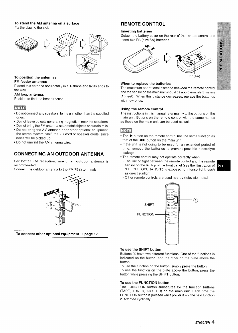 To stand the am antenna on a surface, To position the antennas fm feeder antenna, Remote control | Inserting batteries, When to repiace the batteries, Connecting an outdoor antenna, Using the remote control, To use the shift button, To use the function button | Aiwa LCX-350 User Manual | Page 5 / 64