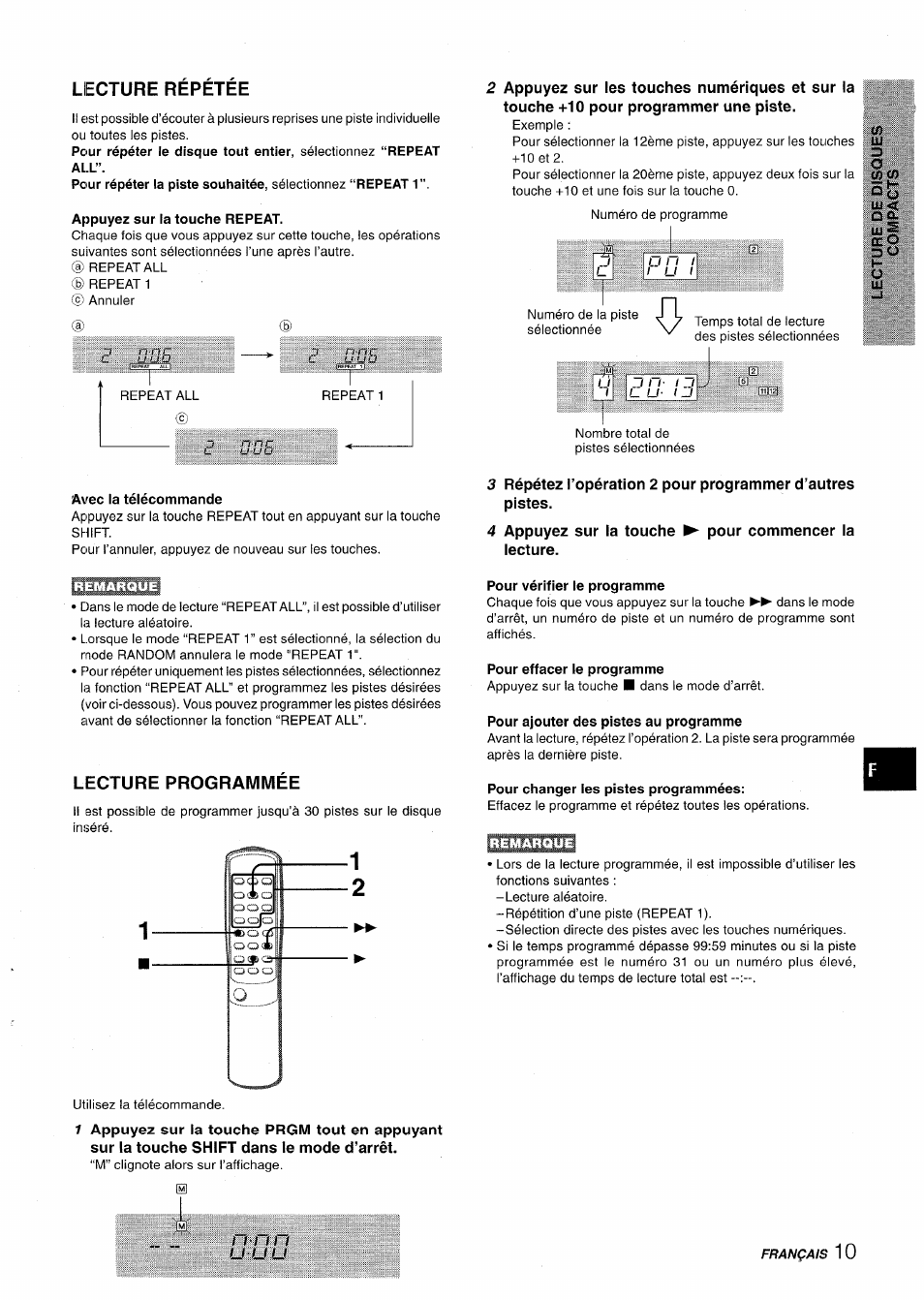 Lecture repetee, Avec la télécommande, Lecture programmee | Pour vérifier ie programme, Pour effacer le programme, Pour ajouter des pistes au programme, Pour changer les pistes programmées | Aiwa LCX-350 User Manual | Page 51 / 64
