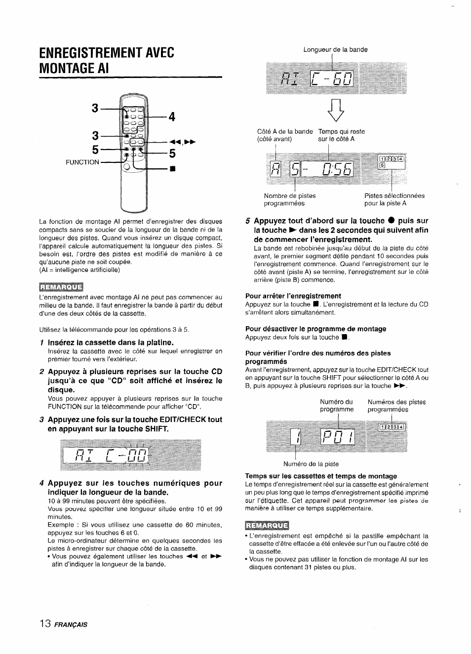 Enregistrement avec montage al, Pour arrêter l’enregistrement, Pour désactiver le programme de montage | Temps sur les cassettes et temps de montage, I^qüshîi | Aiwa LCX-350 User Manual | Page 54 / 64